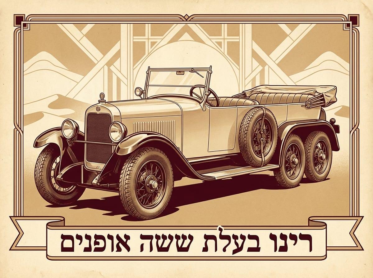 איור: מכונית טיול בעלת ששה אופנים על רקע דיונות מדבר