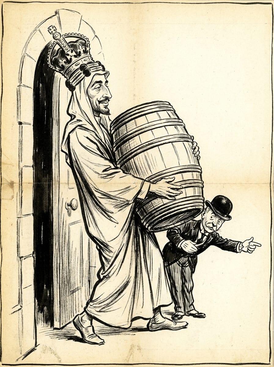 קריקטורה: המלך פייסל חבוק בחבית נפט עובר בשער ירושלים בדרכו לבגדאד, ופקיד בריטי קטן מרכין ראש ומורה לו את הדרך